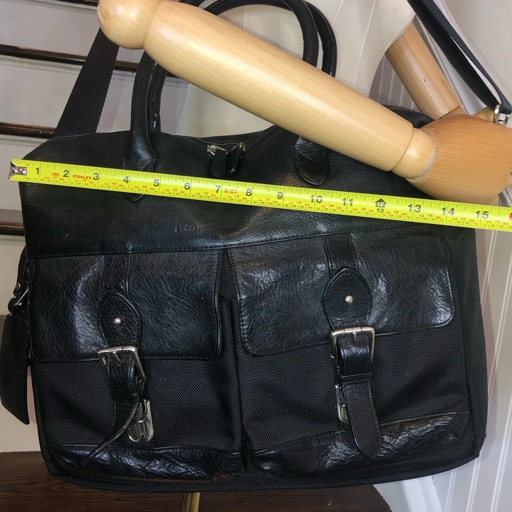 RALPH LAUREN Black Leather and Canvas Laptop Messenger Shoulder Work Bag VTG